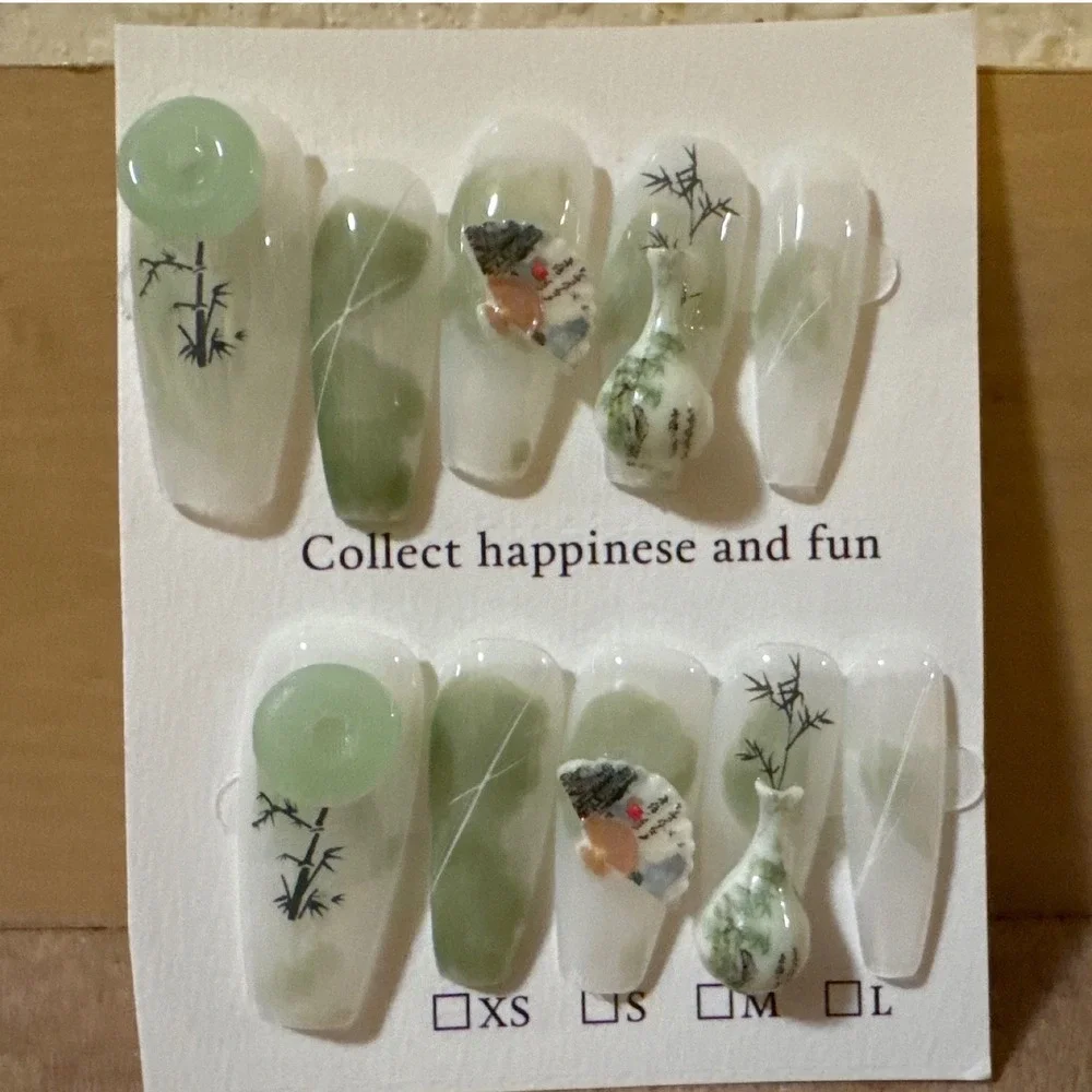 Chinoiserie 3D Press On Nails‎ Green Jade Bamboo Porcelain Vase Long Coffin Set